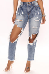 High Demand Destroyed Slim Boyfriend Jeans - Medium Wash Ins Street